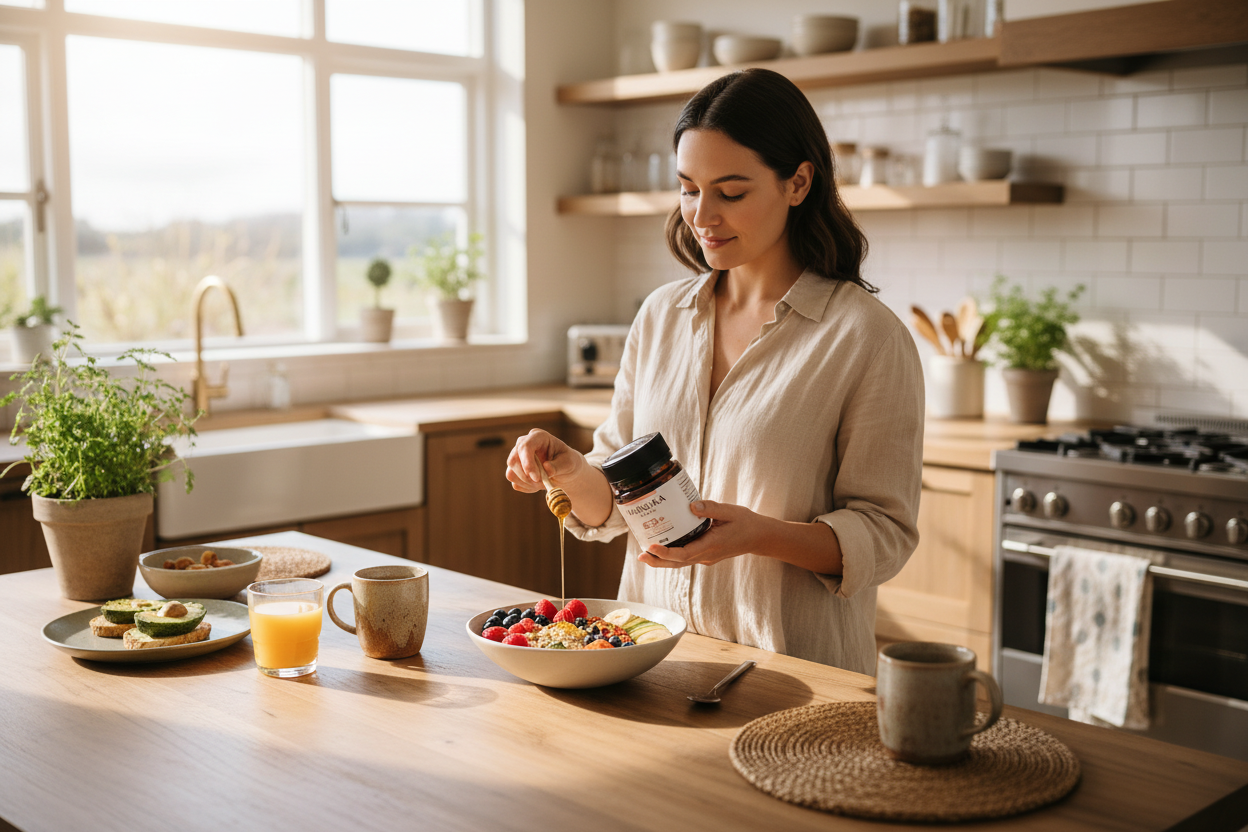 Person using Manuka Honey in kitchen
