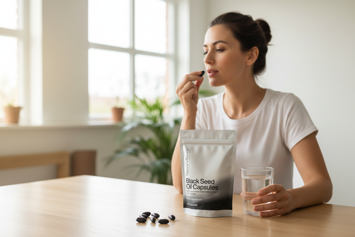 Person taking Black Seed Oil Capsules
