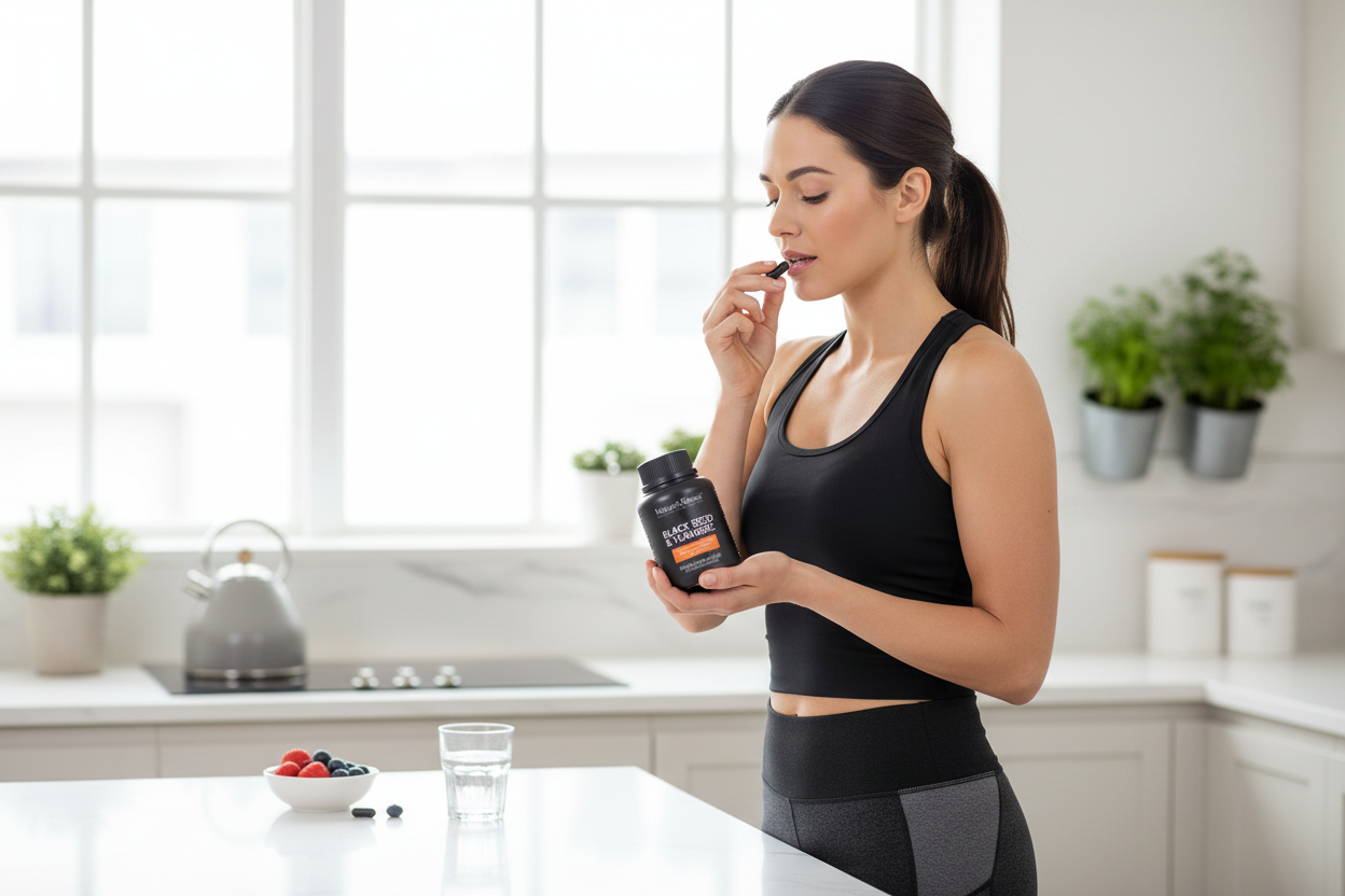 Person taking Black Seed & Turmeric Capsules